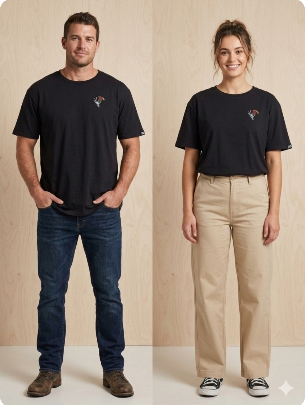 Black Short-Sleeve Crewneck Tee with Small Floral Embroidery